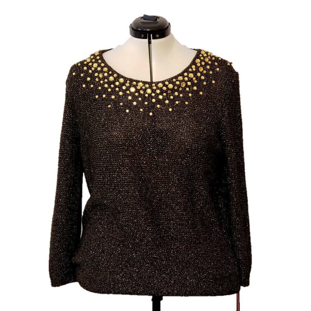 Women's Black Embellished Scoop-Neck Metallic Pullover Sweater by Ruby Rd, SZ XL